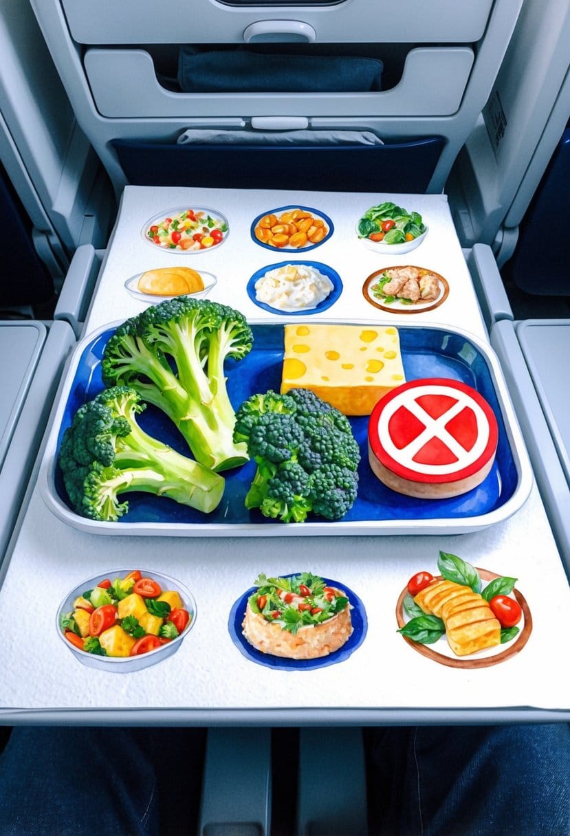 A tray with broccoli and cheese, surrounded by a "no" symbol over 7 different foods, on an airplane tray table