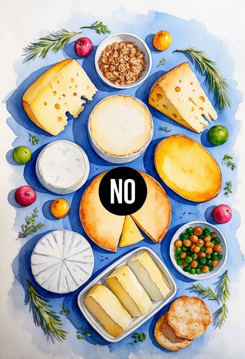 A selection of soft cheeses surrounded by a variety of foods, with a "no" symbol over the 7 foods mentioned in the prompt