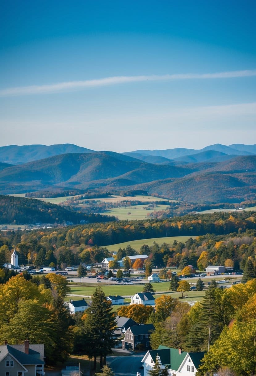 A peaceful Vermont landscape with rolling hills, a quaint town, and a clear blue sky, evoking a sense of safety and tranquility for retirees