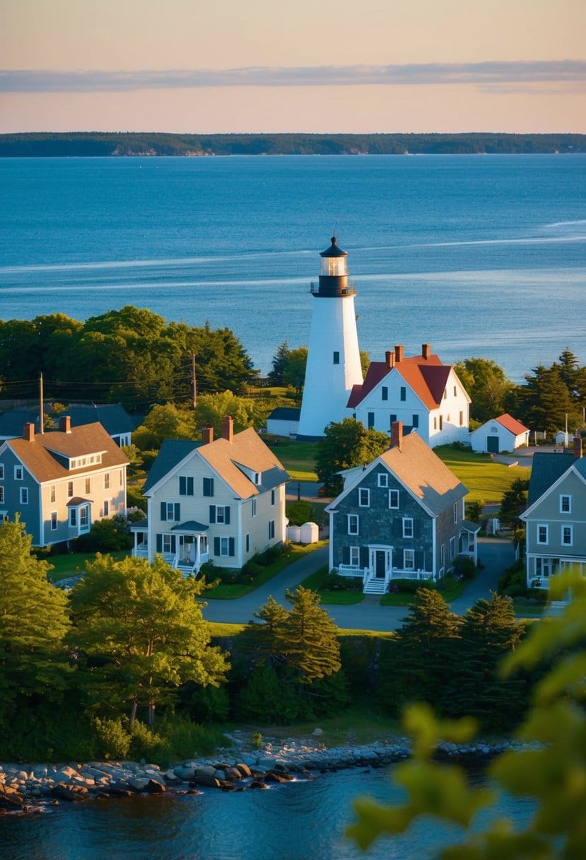 A serene coastal town in Maine, with charming houses and a lighthouse overlooking the calm ocean, surrounded by lush greenery