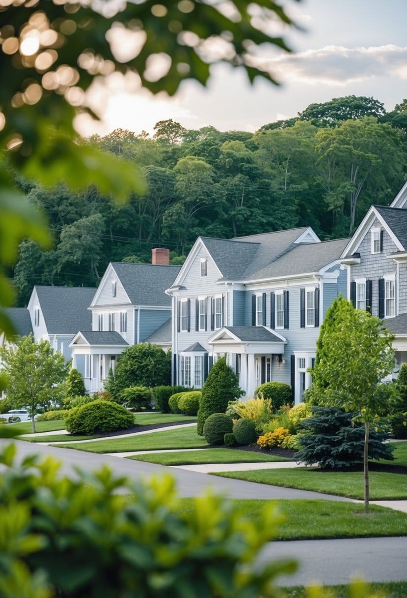 A peaceful suburban neighborhood in Massachusetts, with well-maintained houses surrounded by lush greenery and a serene atmosphere
