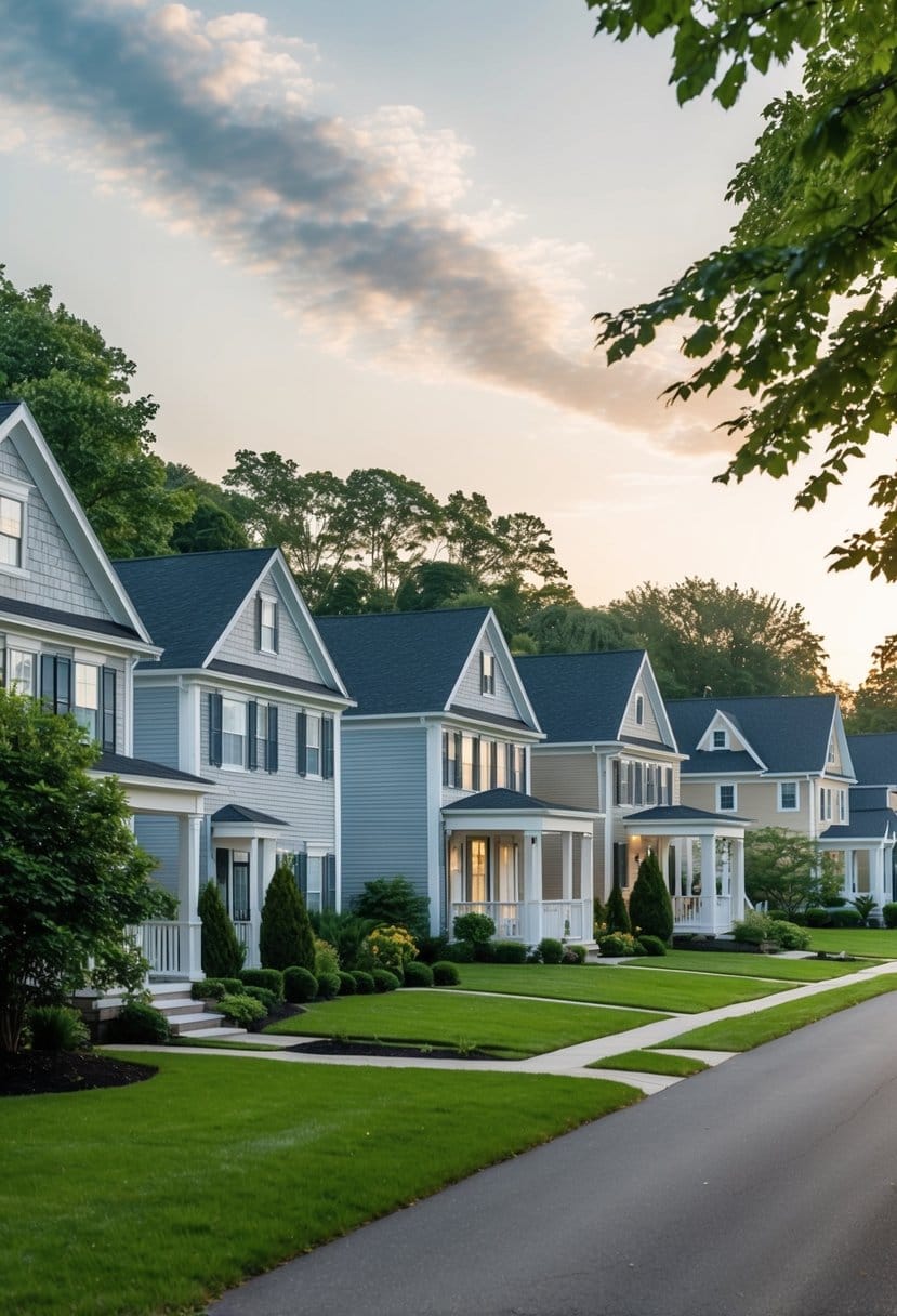 A serene suburban neighborhood in Connecticut, with well-maintained houses, lush green lawns, and a peaceful atmosphere