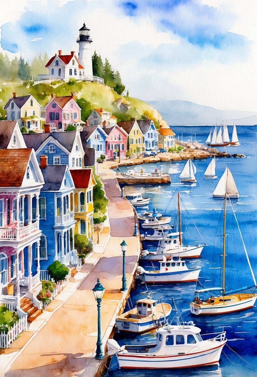 A charming coastal town with colorful Victorian houses lining the streets, a picturesque lighthouse overlooking the ocean, and a bustling harbor filled with sailboats and fishing boats