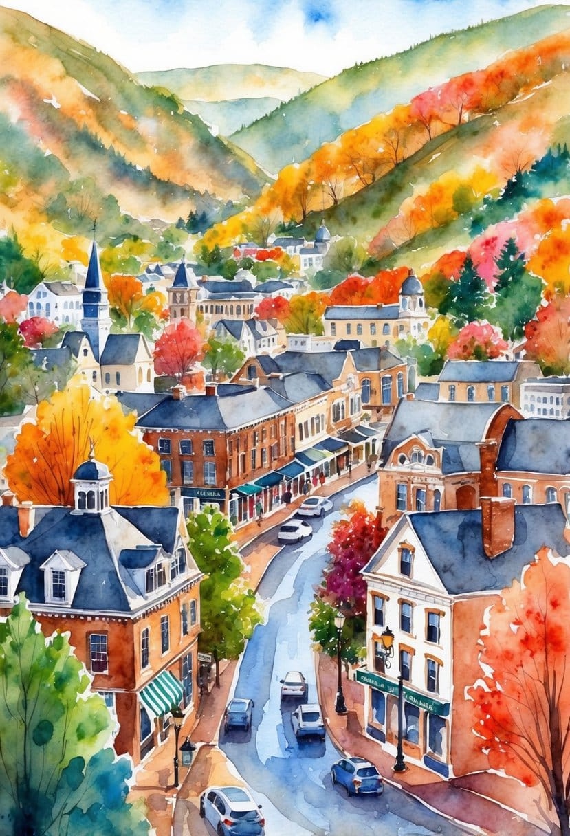 A charming small town nestled in a valley surrounded by colorful foliage, with historic buildings and a bustling town center