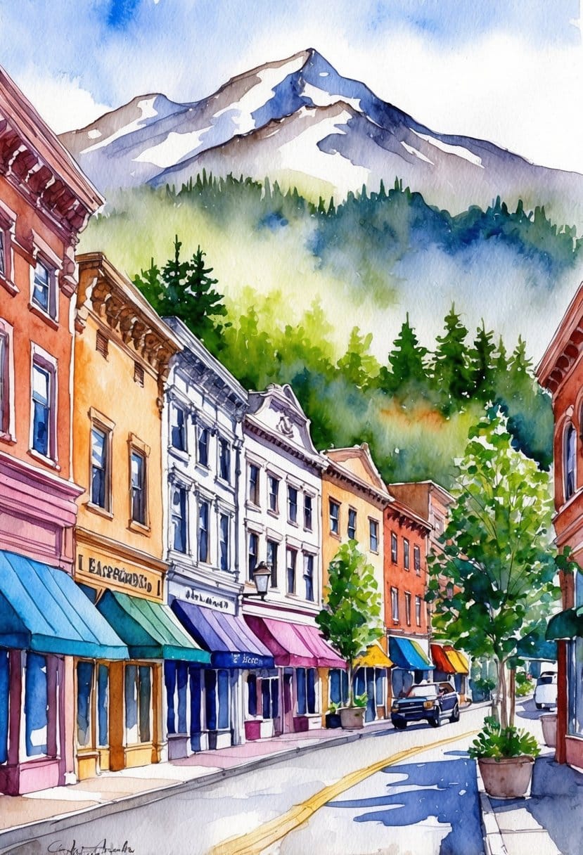 A charming downtown street lined with historic buildings and colorful storefronts, surrounded by the natural beauty of the Cascade Mountains