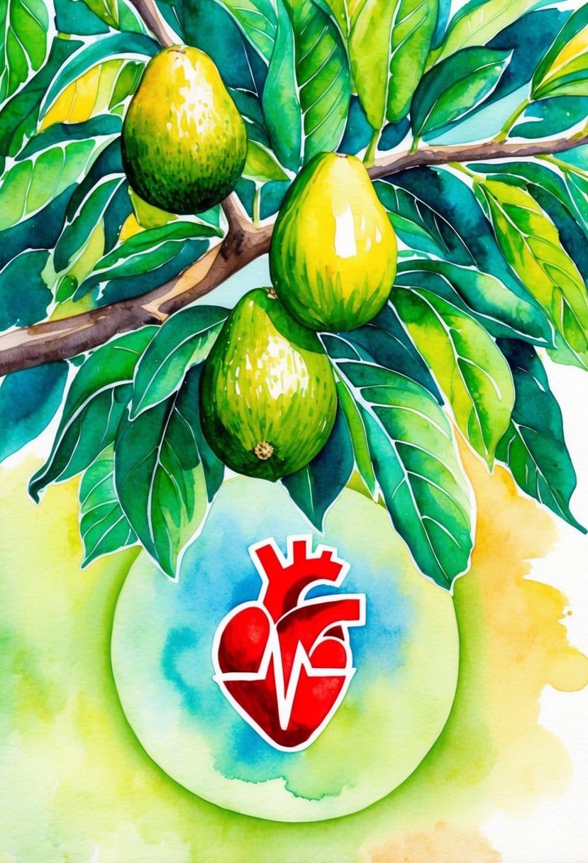 A vibrant avocado tree with lush green leaves and ripe, creamy fruits hanging from its branches, surrounded by a healthy, beating heart symbolizing enhanced muscle function