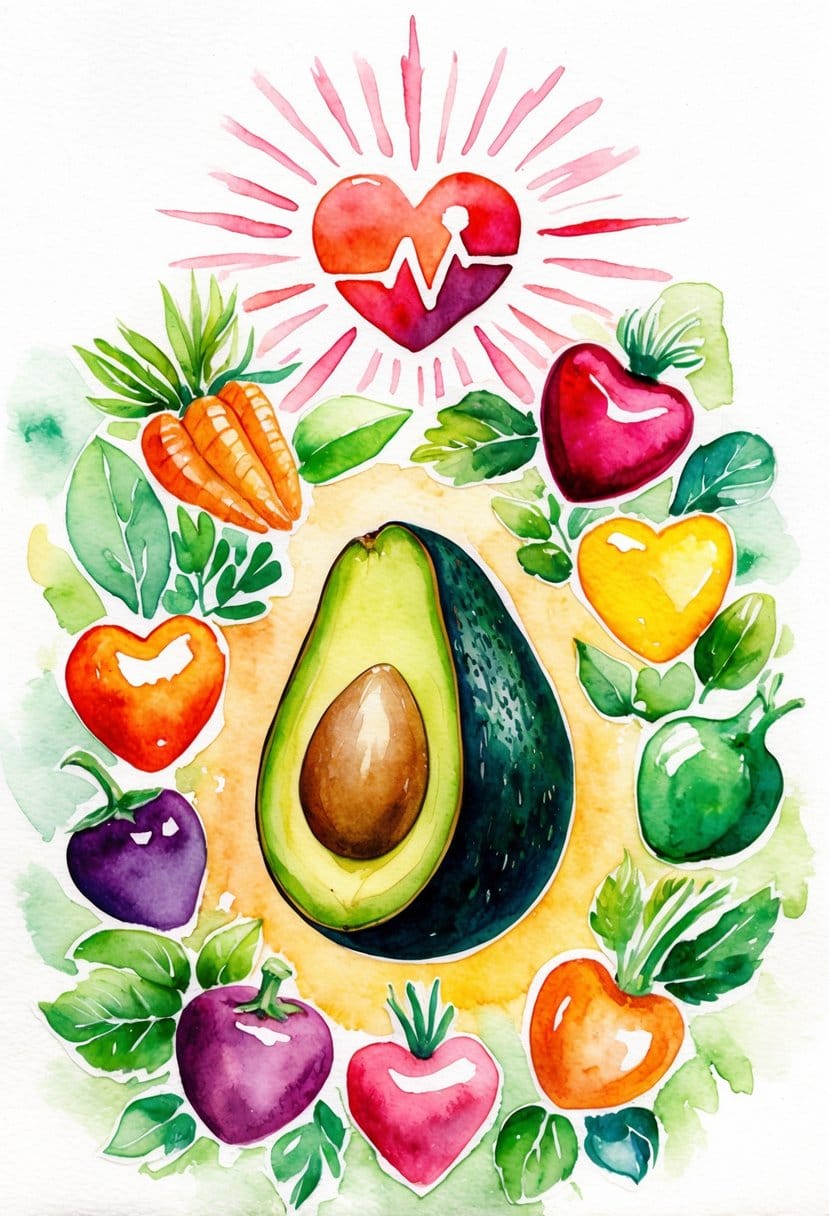 A ripe avocado surrounded by colorful heart-shaped fruits and vegetables, with a radiant heart symbolizing health and vitality above it