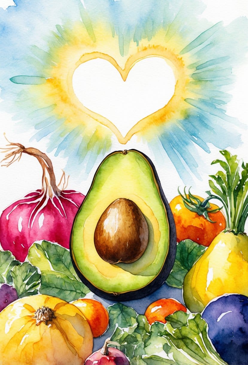 A ripe avocado surrounded by various fruits and vegetables, with a radiant heart shape glowing above it