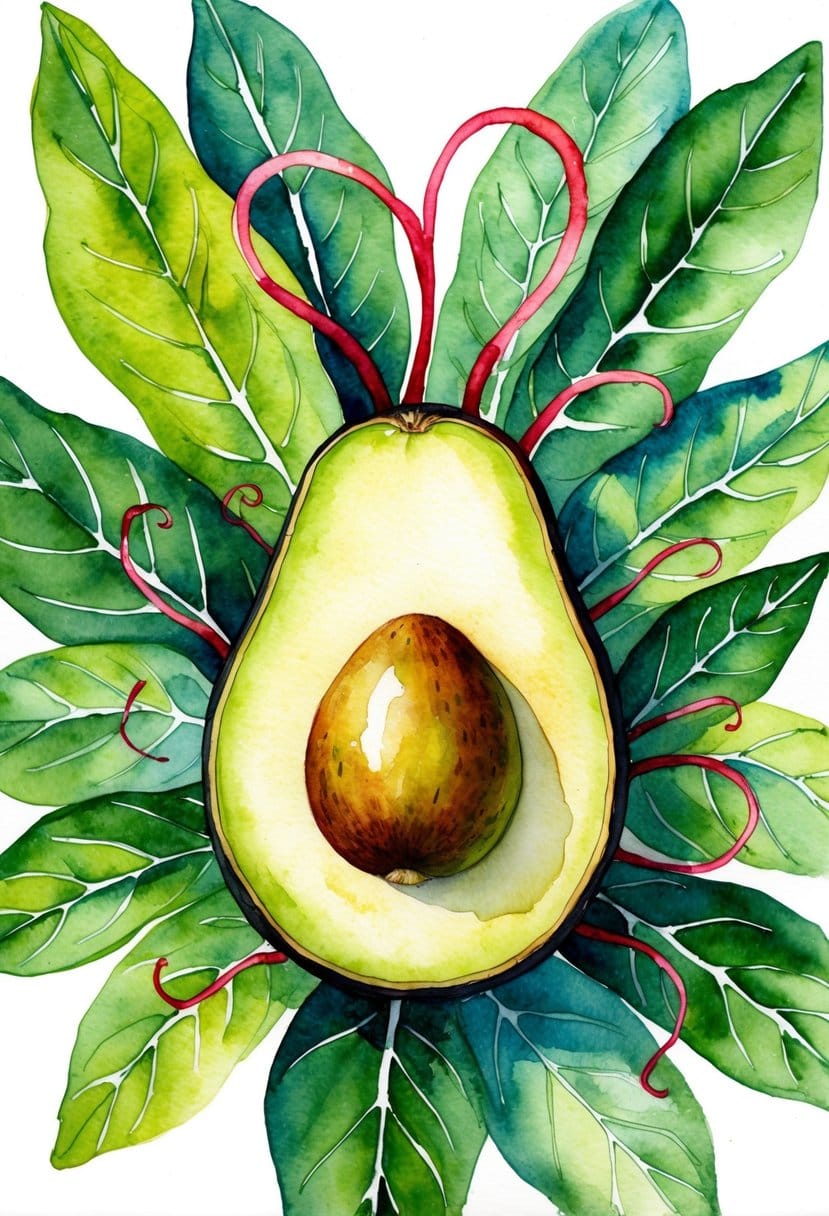A ripe avocado surrounded by vibrant green leaves, with a heart-shaped blood vessel pattern radiating out from it