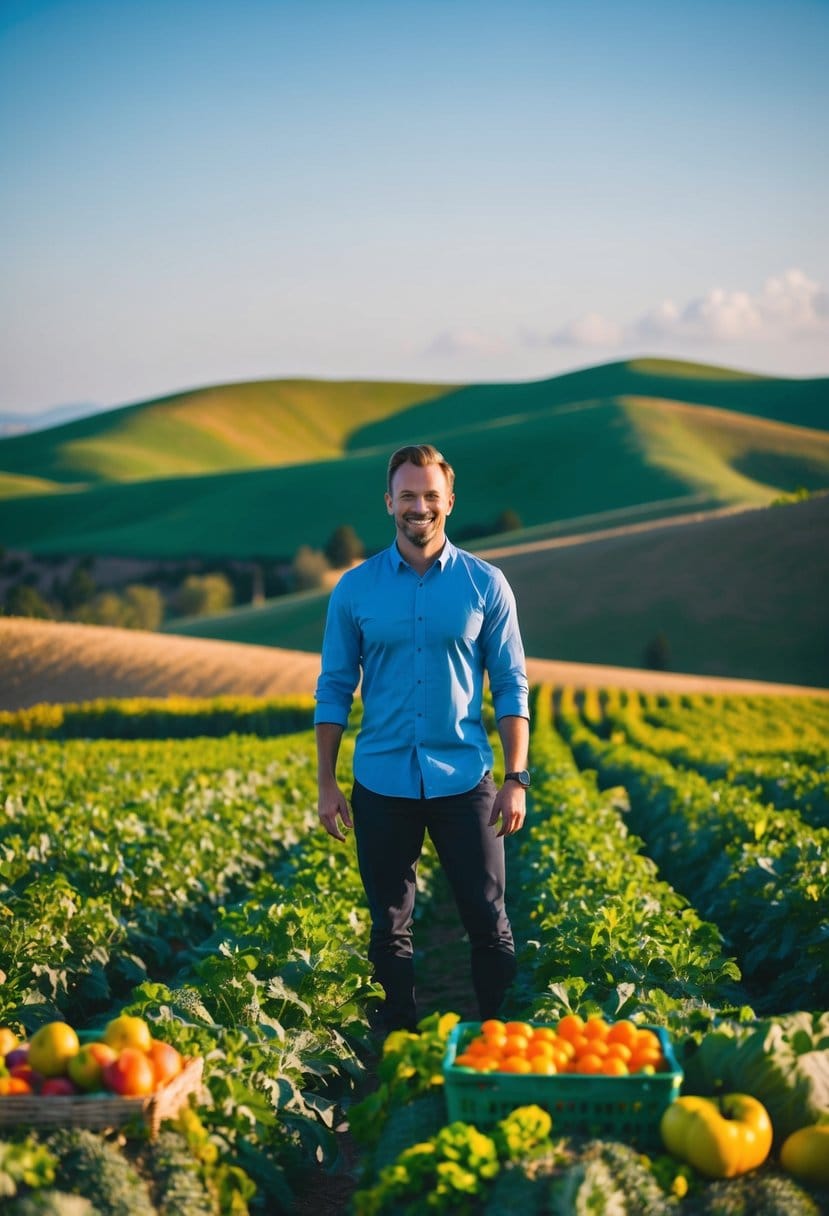 A person standing in front of a vibrant, energetic landscape with a clear sky and rolling hills, surrounded by fresh fruits and vegetables