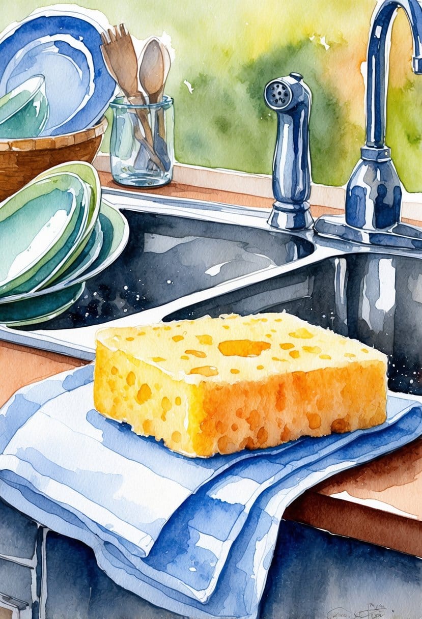 A dirty kitchen sponge sitting on a wet dish towel next to a sink full of dirty dishes