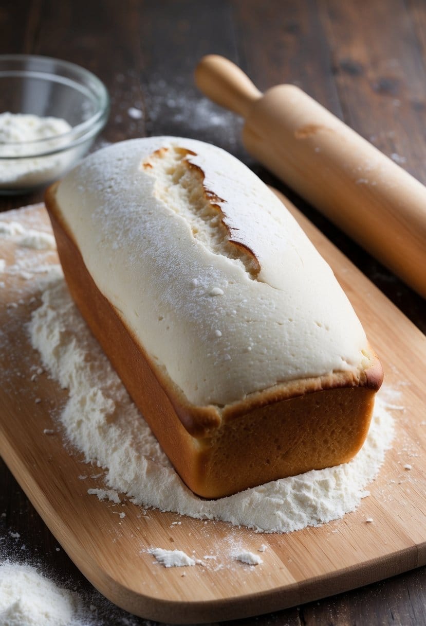 A loaf of white bread sits untouched on a wooden cutting board, surrounded by scattered flour and a rolling pin
