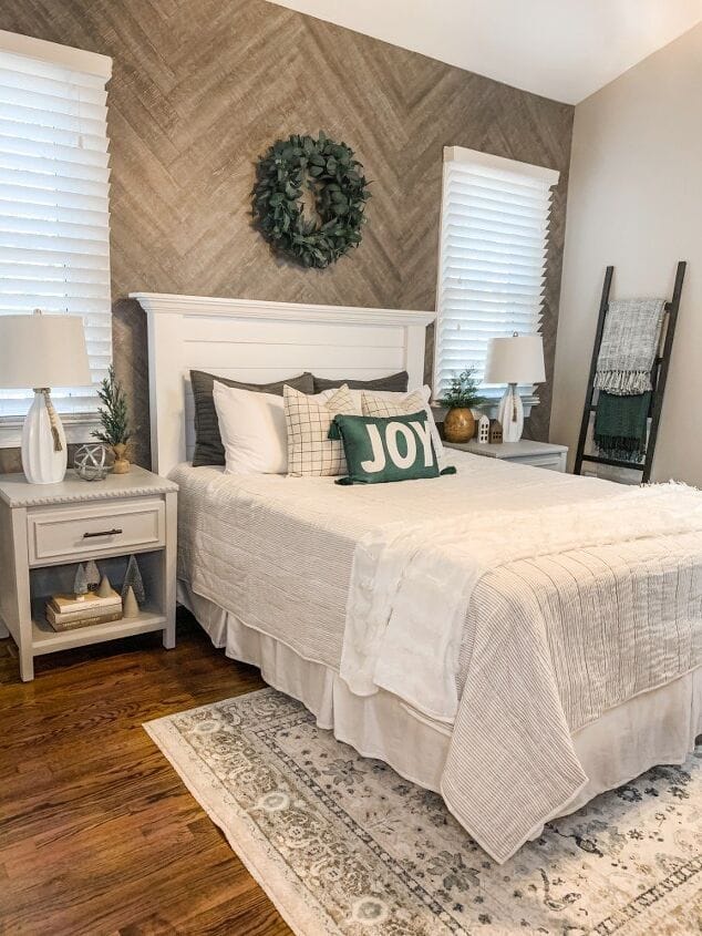 Bedroom wall with herringbone shiplap
