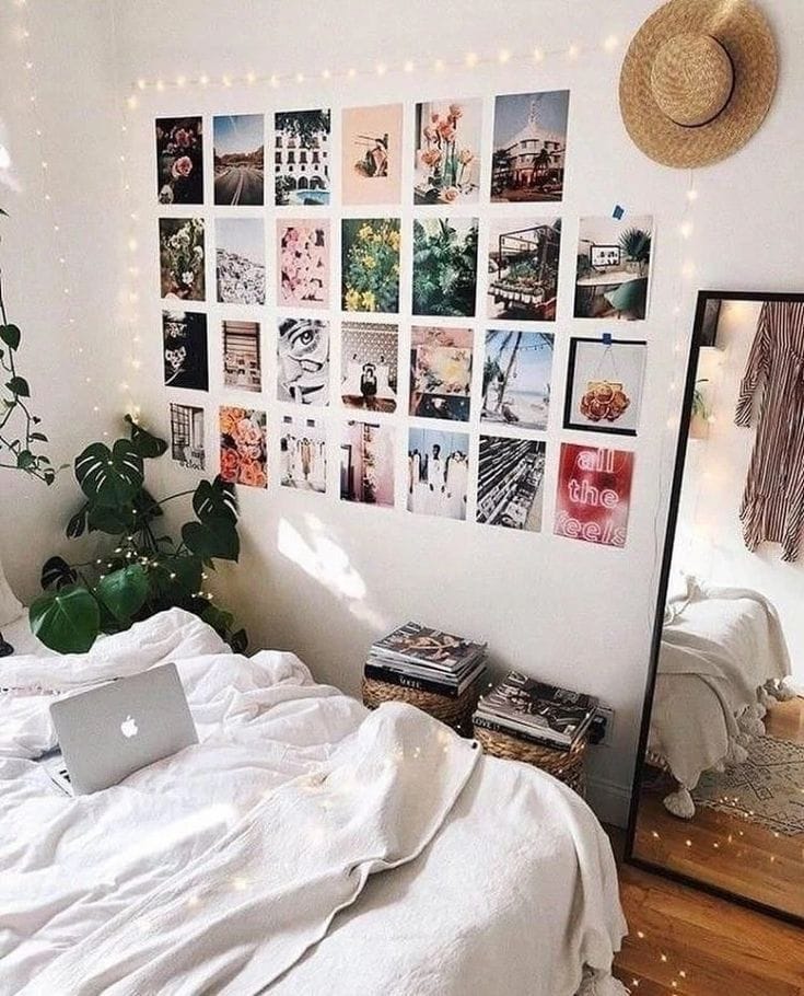 Bedroom wall with polaroid collage