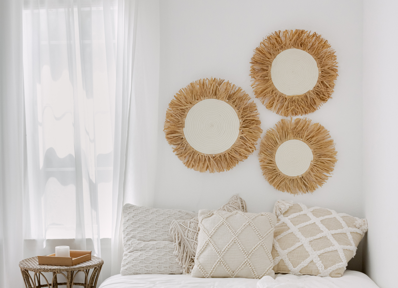 Cozy bedroom with woven wall baskets