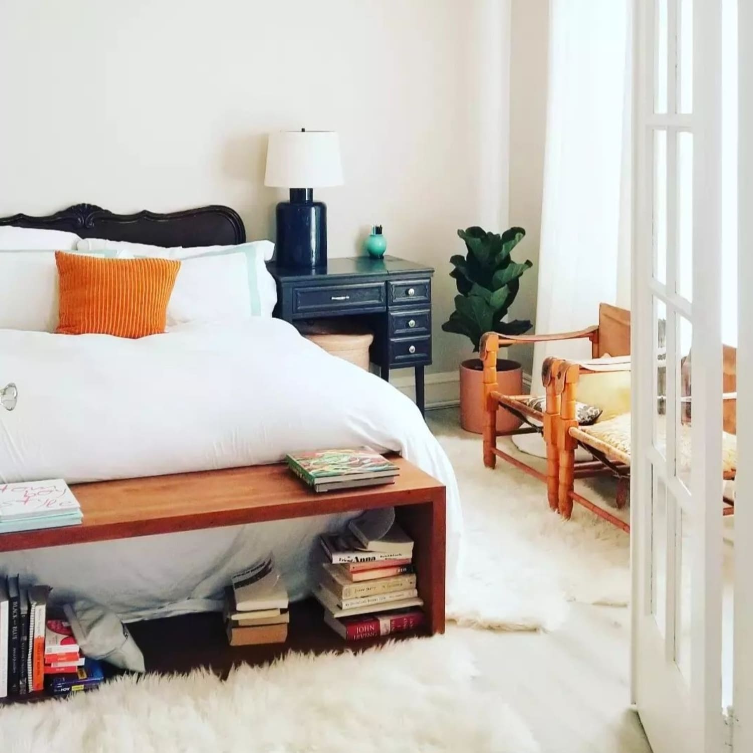 Cozy bedroom with sheepskin rugs