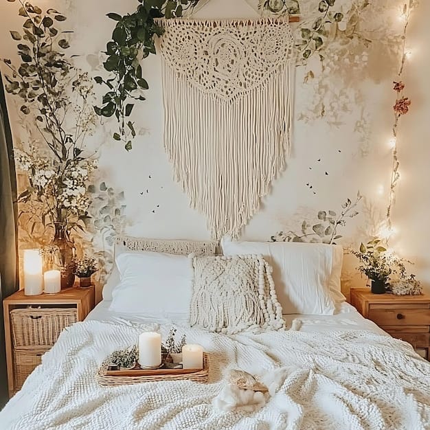 Cozy bedroom with macrame wall art