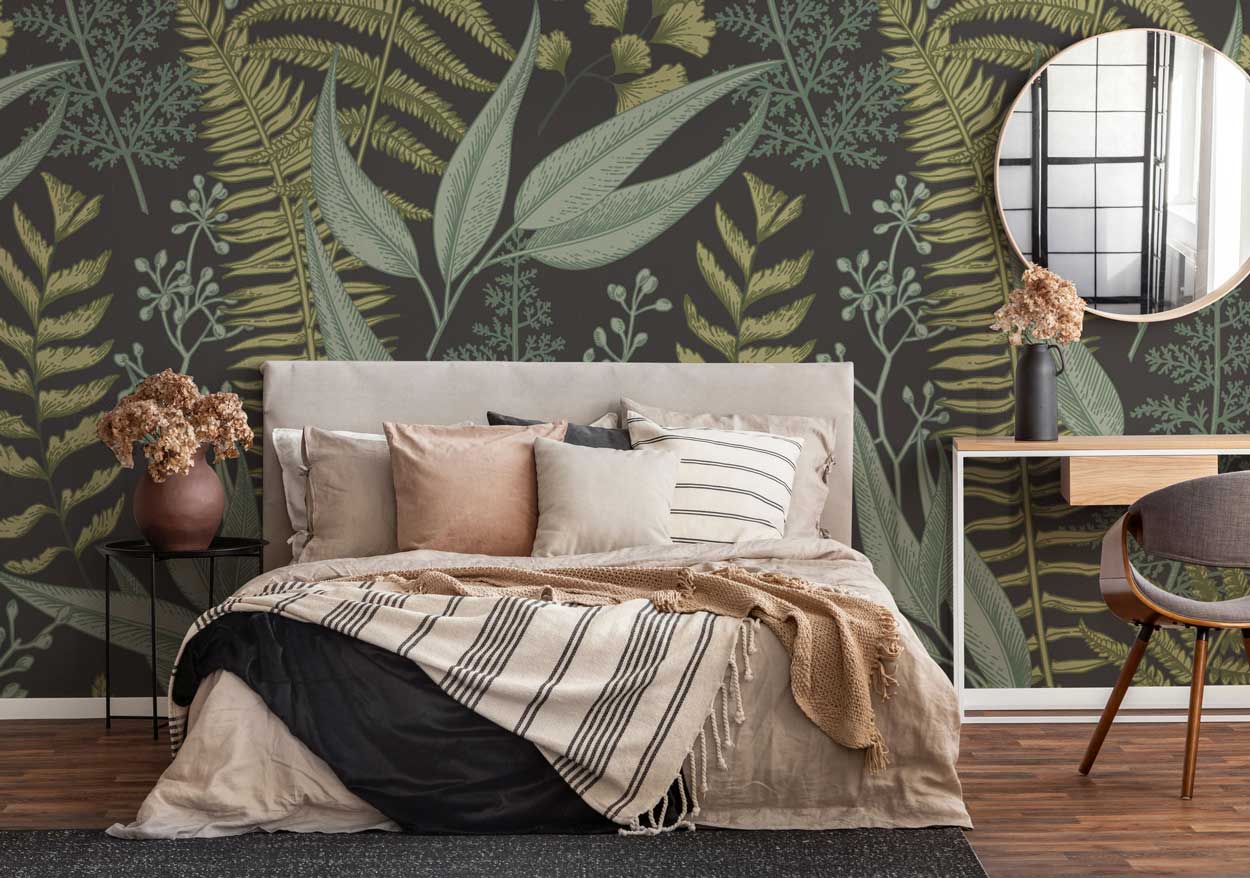 Bedroom wall with botanical wallpaper