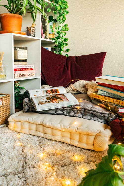Cozy bedroom with reading nook cushions