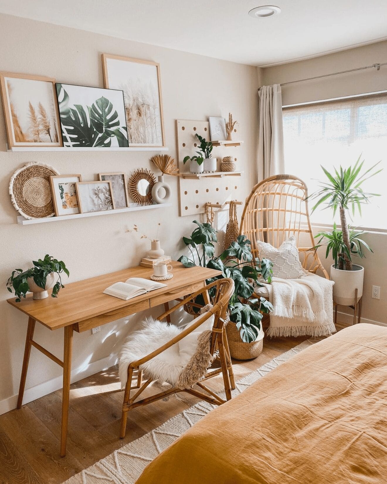 Bedroom wall with floating shelf gallery