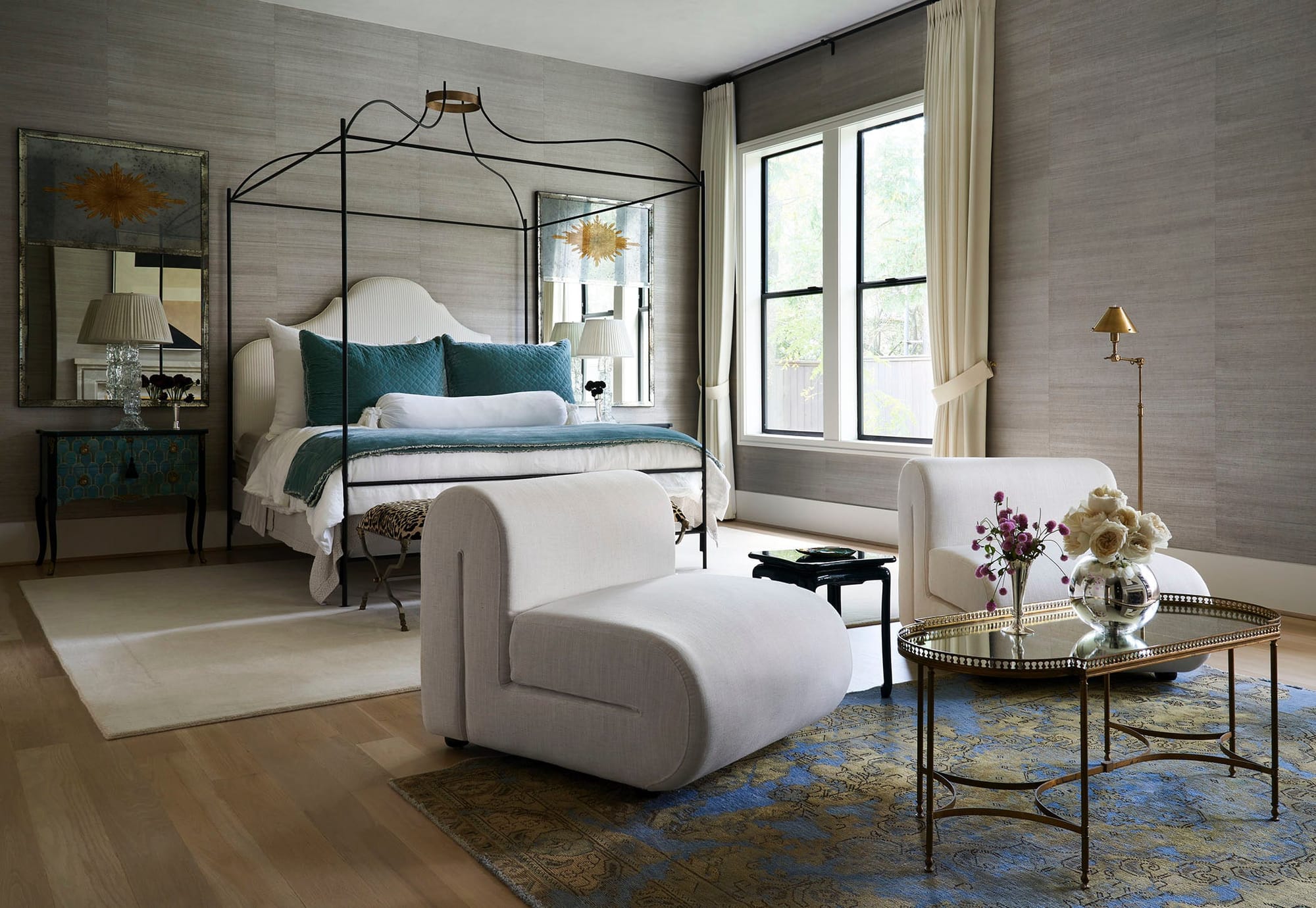 Bedroom wall with grasscloth wallpaper