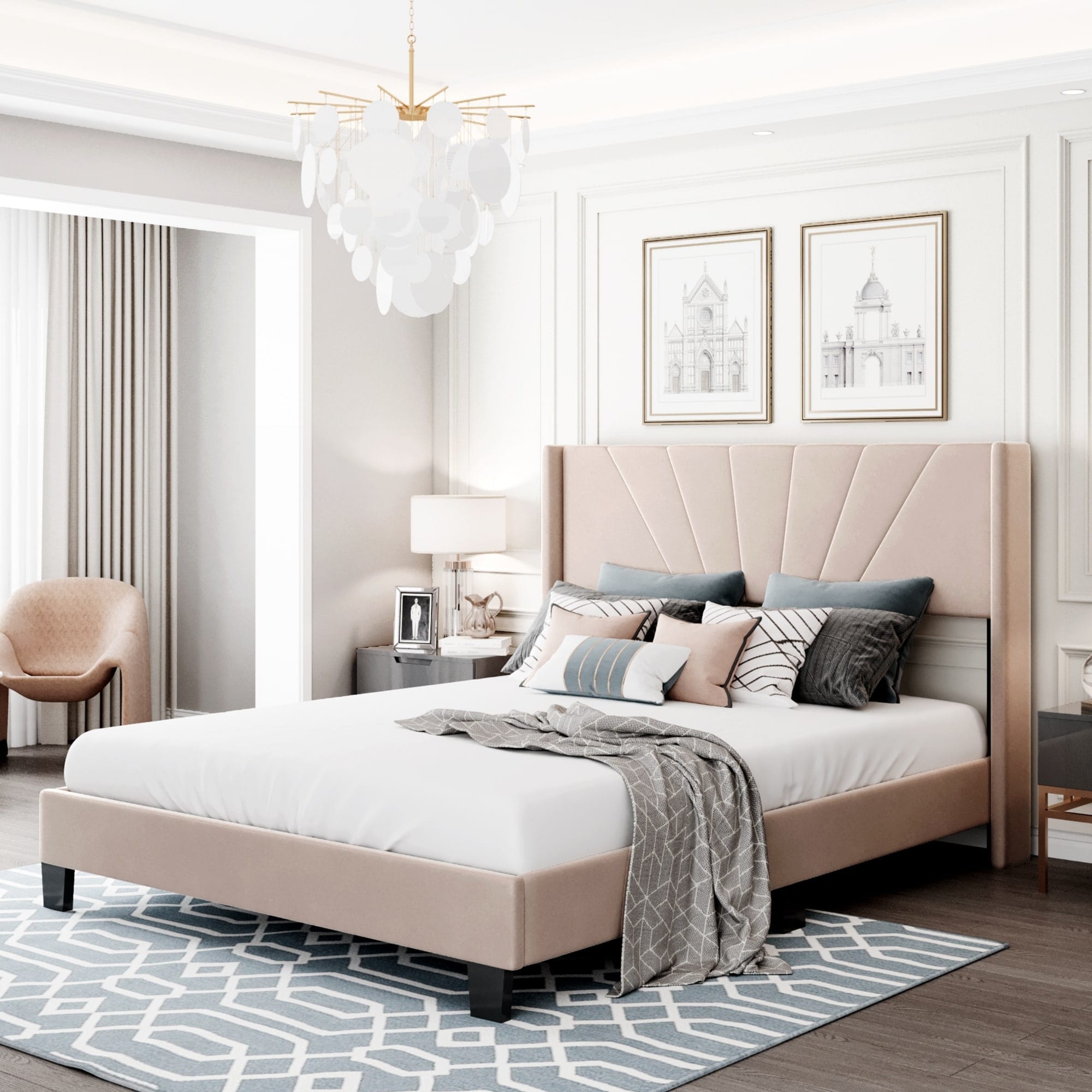 Cozy bedroom with velvet headboard