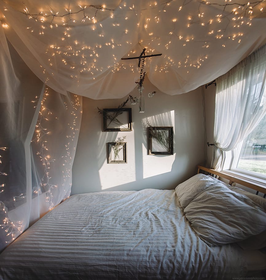 Bedroom lighting with fairy light canopy