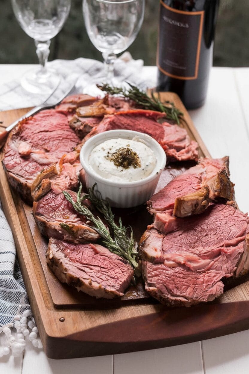 Coffee Rubbed Prime Rib Roast with Roasted Garlic Gorgonzola Butter.