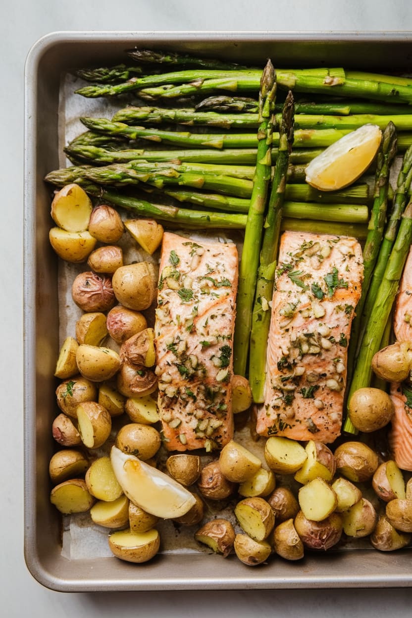 Garlic Butter-Roasted Salmon with Potatoes & Asparagus