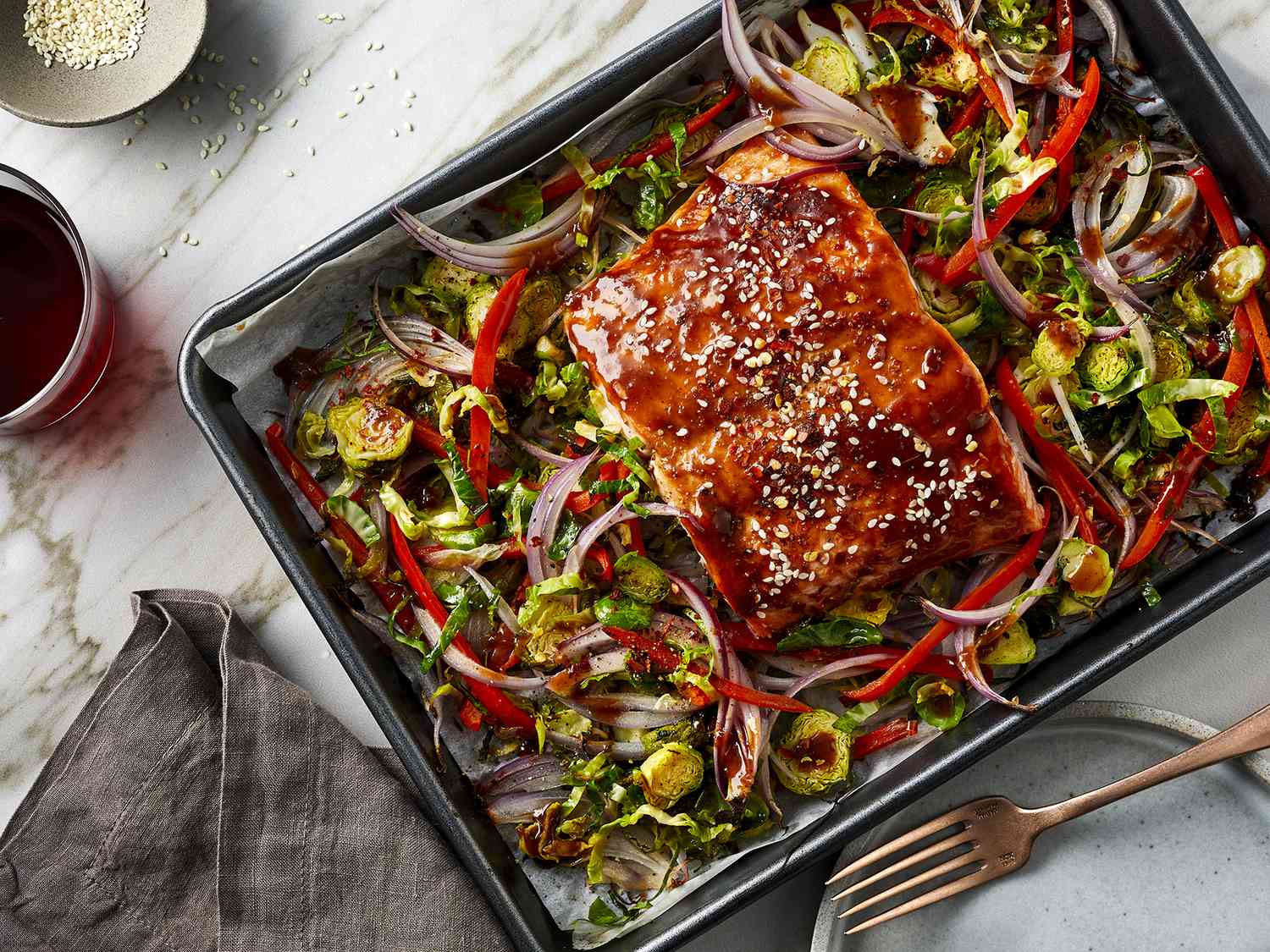 One-Pan Sheet Pan Salmon with Brussels Sprouts Recipe