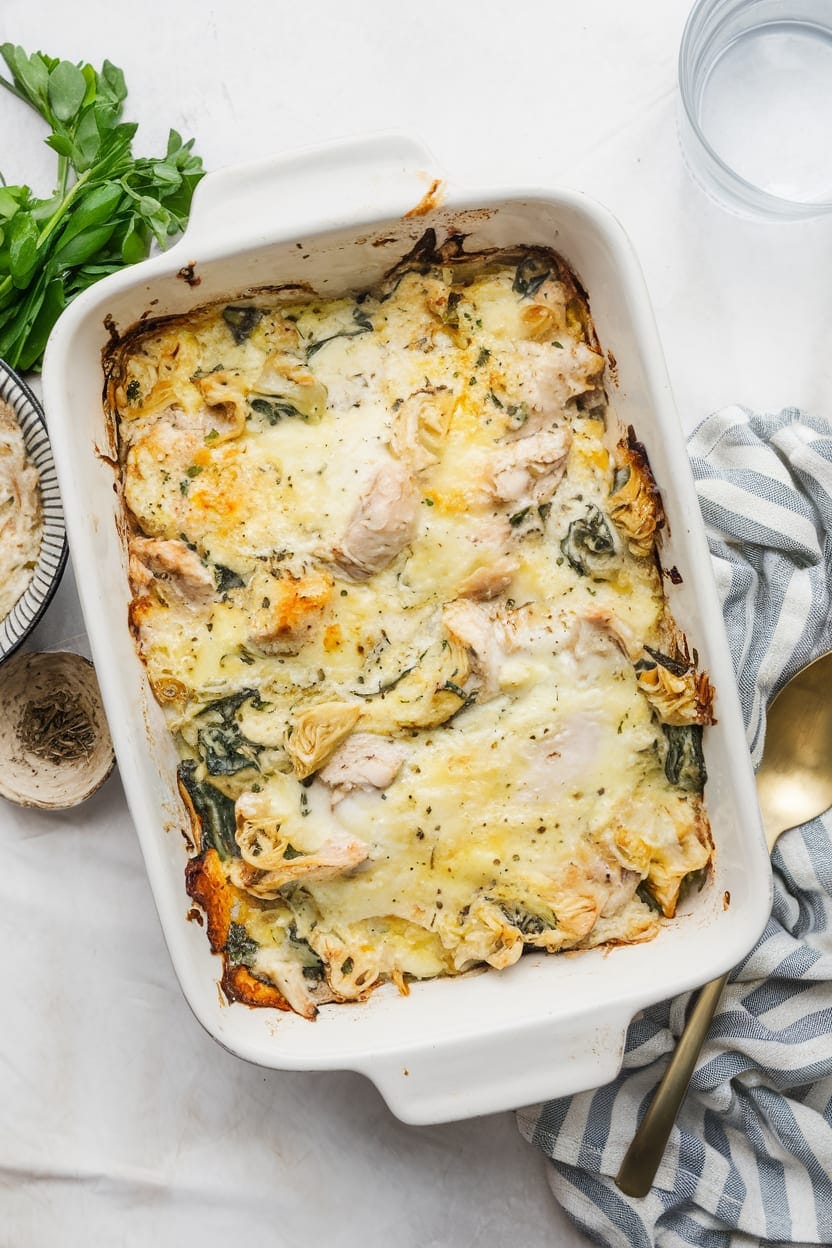 Creamy Greek Yogurt Chicken Spinach Artichoke Bake