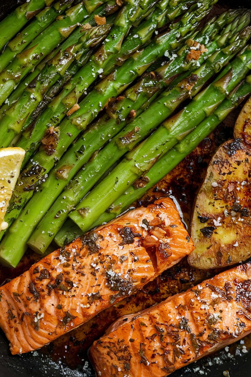 Garlic Butter-Roasted Salmon with Potatoes & Asparagus