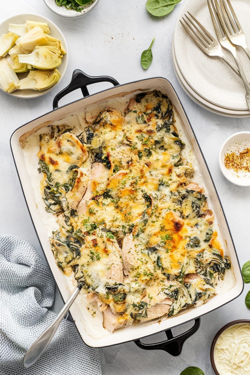 Creamy Greek Yogurt Chicken Spinach Artichoke Bake