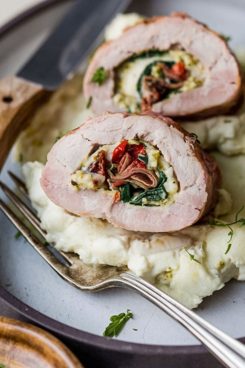 Stuffed Pork Tenderloin with Spinach, Mozzarella, Roasted Red Peppers, and Pesto