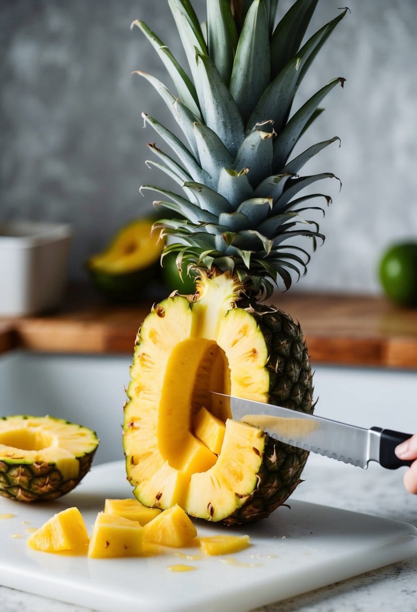A ripe pineapple being sliced open, with juicy chunks spilling out onto a clean, white cutting board