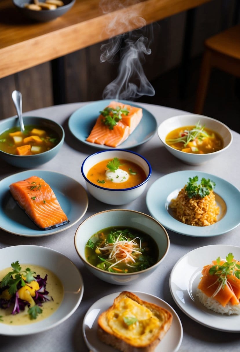 A table with nine different types of food, including salmon, arranged in an inviting display, with steam rising from a bowl of soup