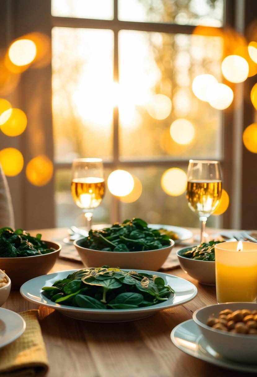 A table set with a variety of comforting foods, including spinach, surrounded by warm, golden light to depict the relief from hot flashes