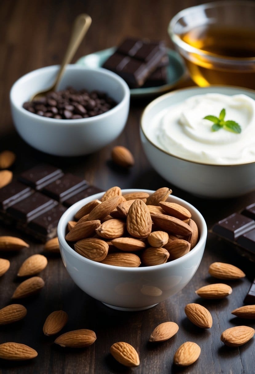 A bowl of almonds surrounded by a variety of comforting foods, such as yogurt, dark chocolate, and herbal tea, on a table
