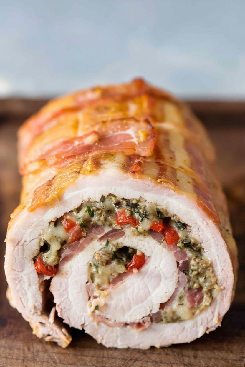 Stuffed Pork Tenderloin with Spinach, Mozzarella, Roasted Red Peppers, and Pesto