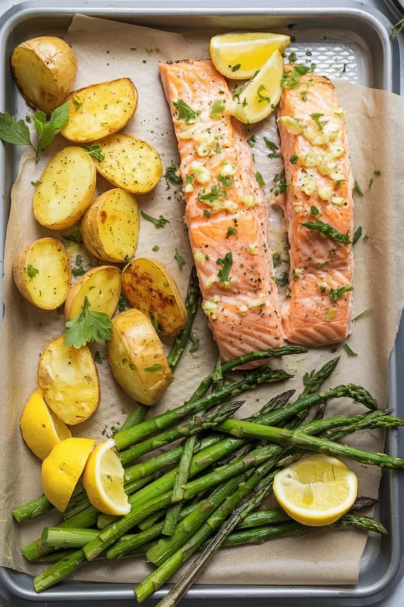 Garlic Butter-Roasted Salmon with Potatoes & Asparagus