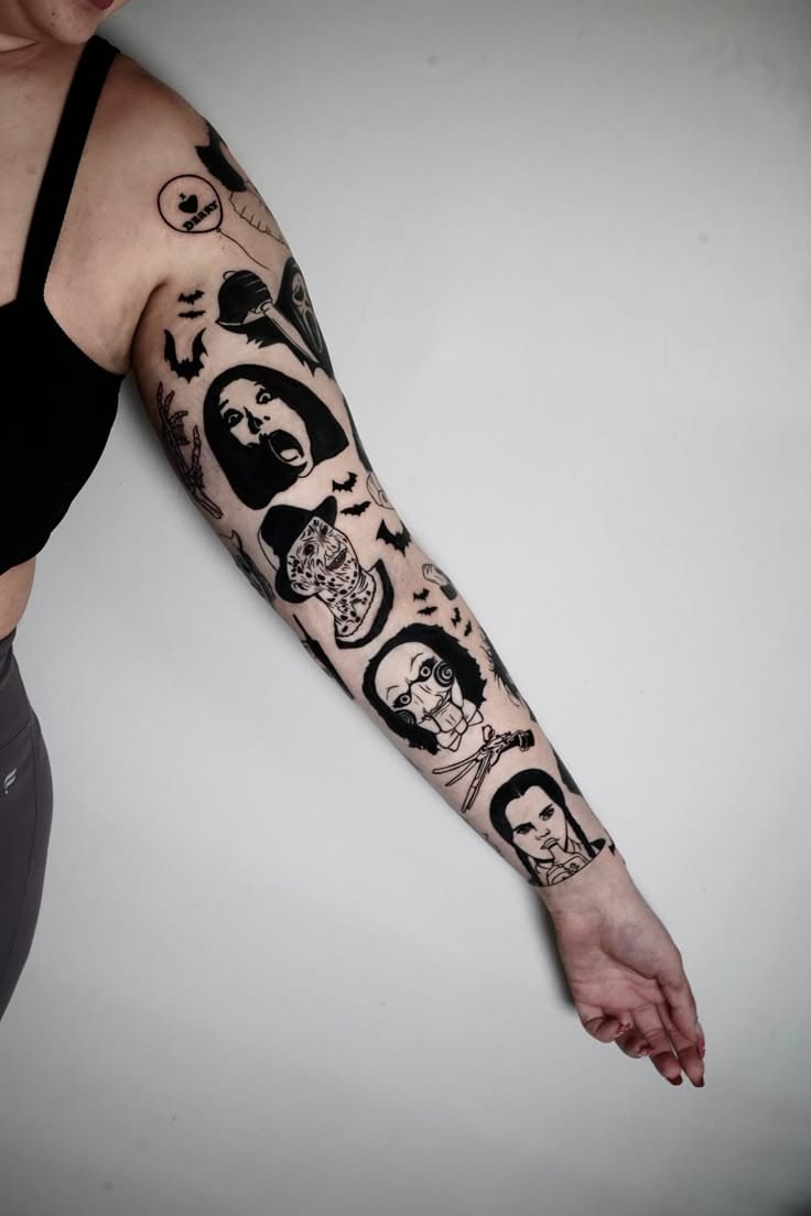 horror patchwork sleeve tattoo