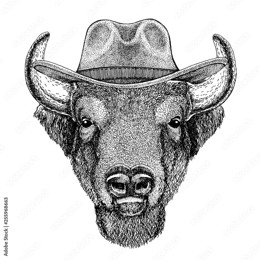 wild west with bison silhouette cowboy hat tattoos in bold outline