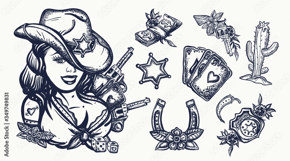 wild west with playing card cowboy hat tattoos in illustrative style