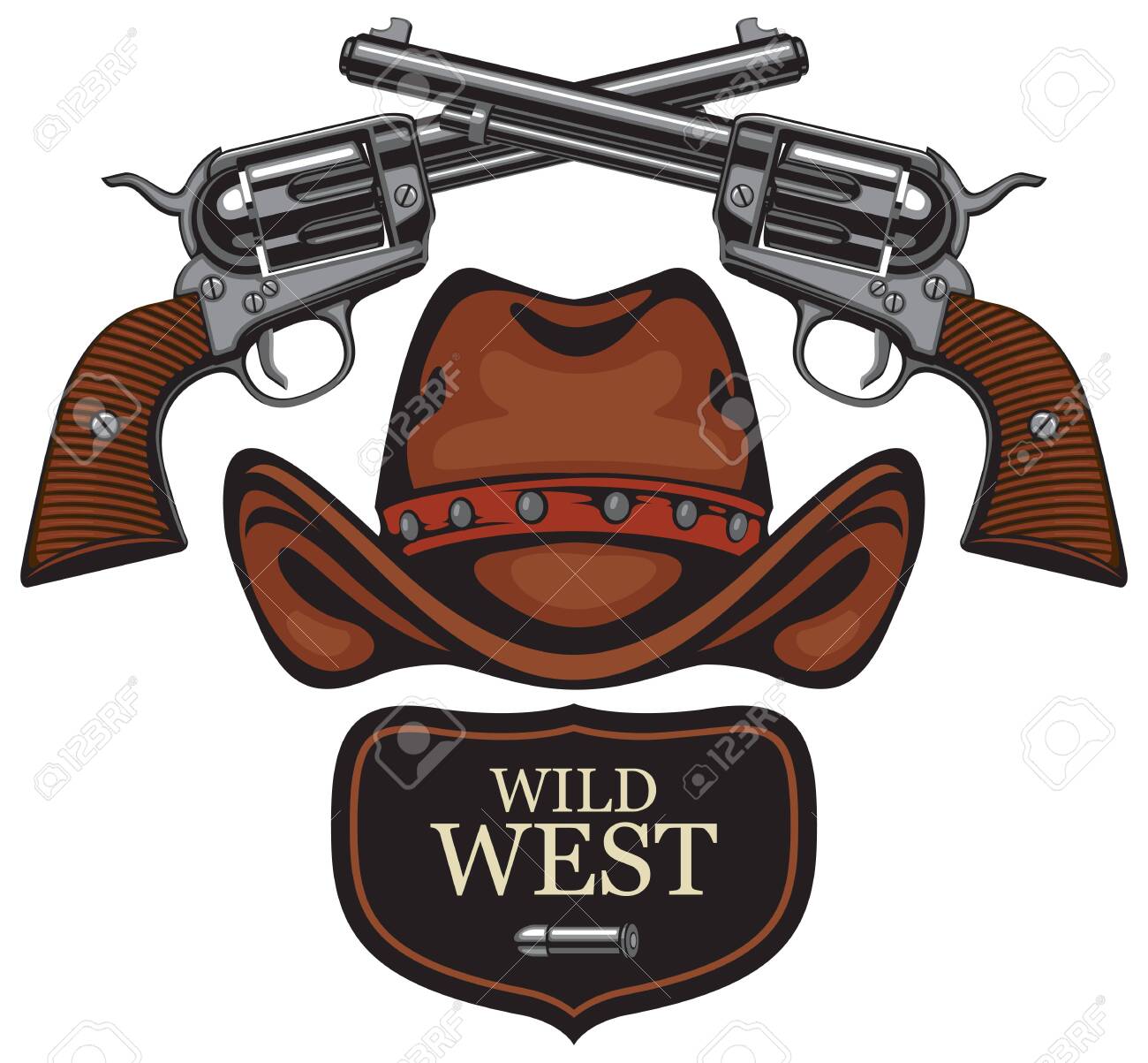 wild west with crossed revolvers cowboy hat tattoos in old school style