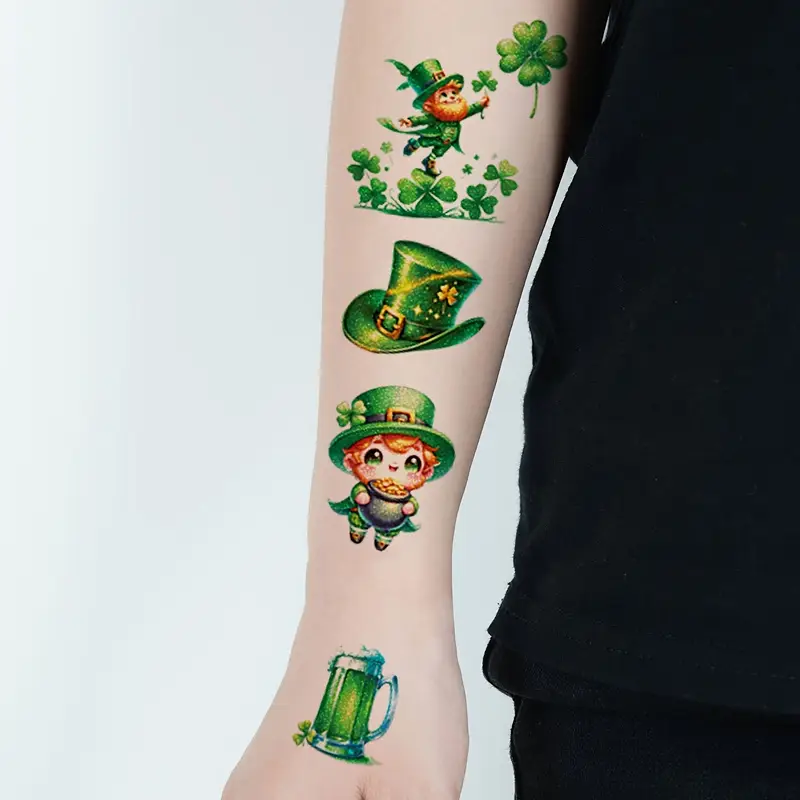 a dazzling glitter tattoo with a shamrock