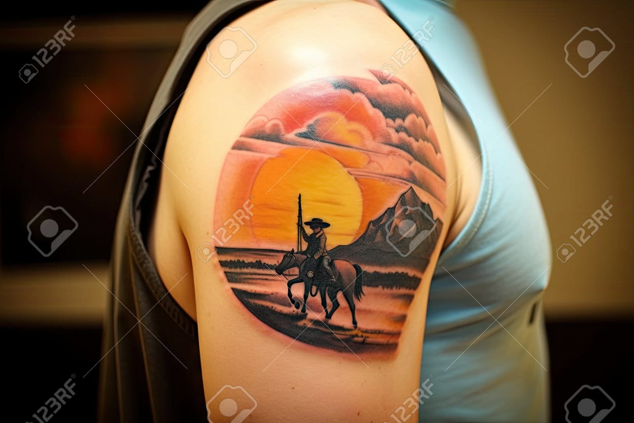 wild west with sunset silhouette cowboy hat tattoos in gradient ink