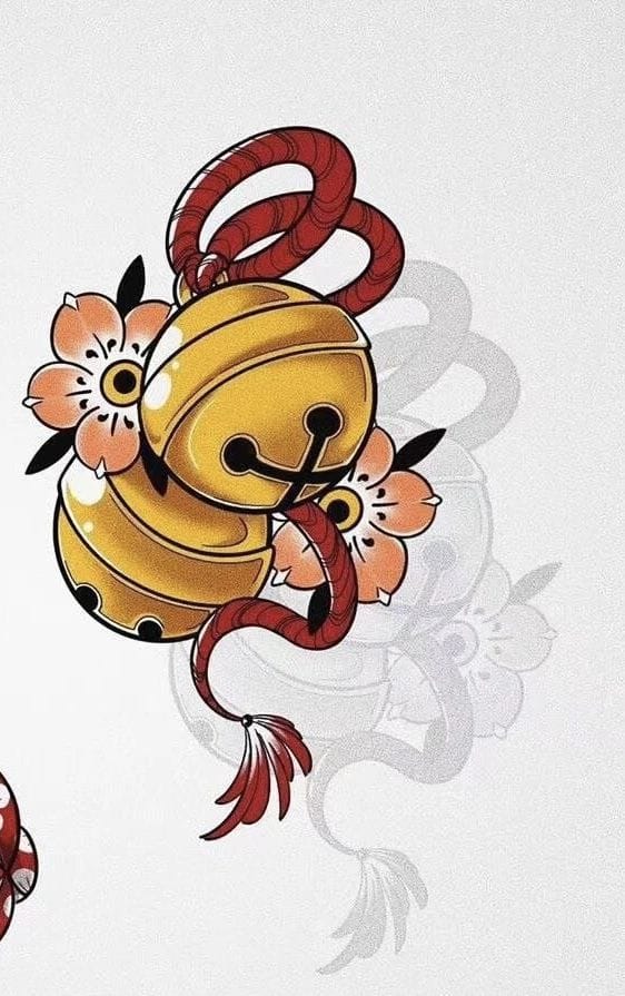 a small Japanese tattoo with a bell
