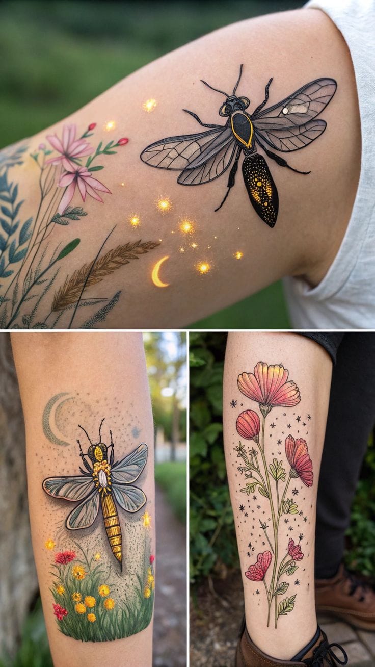 a watercolor firefly tattoo with blended effects