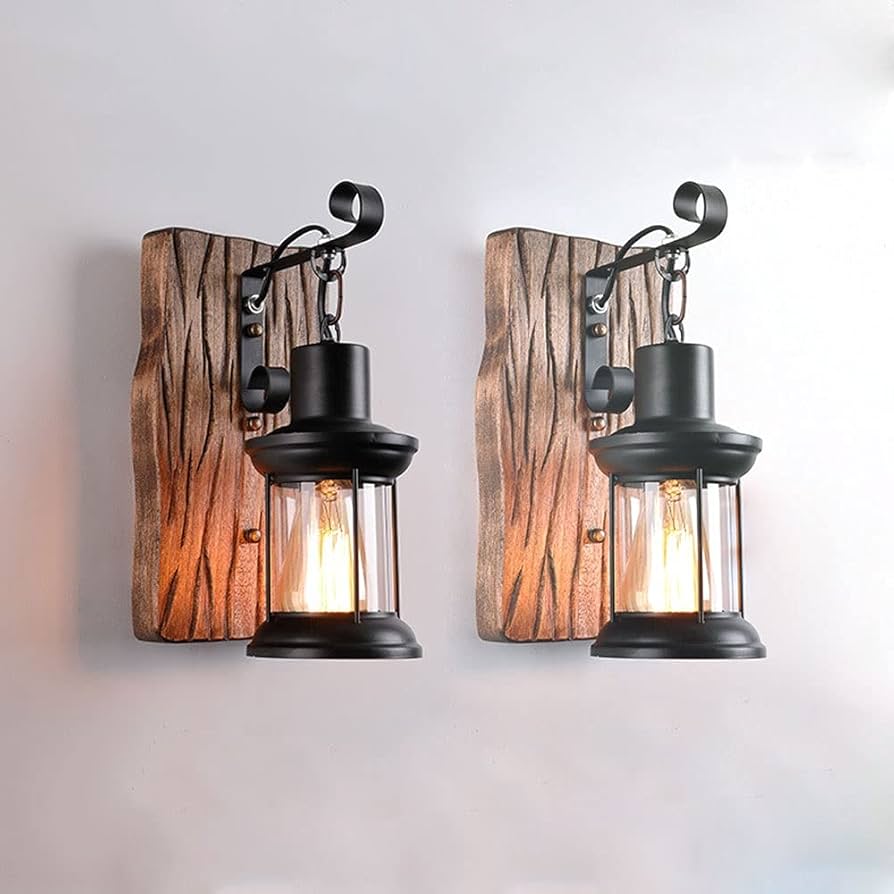 living room with farmhouse-style metal and wood wall lamps