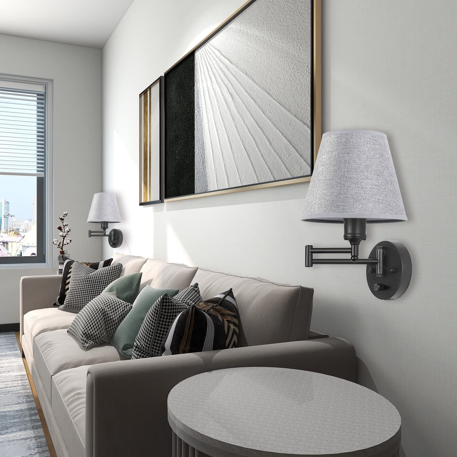 living room with fabric shade wall lamps for soft ambience